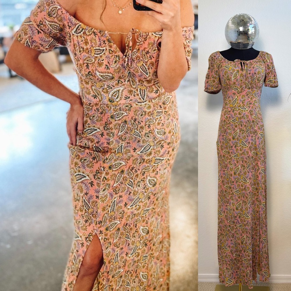 Patrons of Peace Pink Paisley Maxi Dress Short Sleeve Boho Smocked Size SMALL